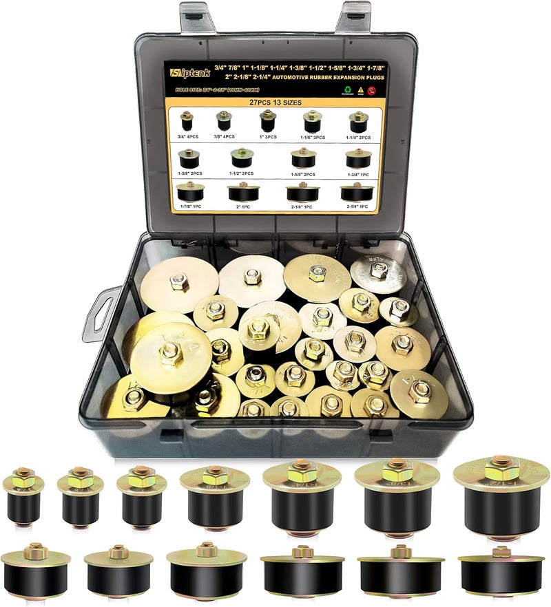 Siptenk 27pcs Expandable Freeze Rubber Plugs Assortment Kit, 13 Sizes Automotive Frost Expansion Plug Fit Hole 3/4" to 2-3/8" (19mm - 60mm) - Image 1